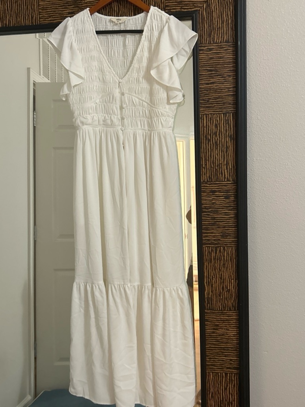 entro White Smocked V-Neck Maxi Dress with Flutter Sleeves